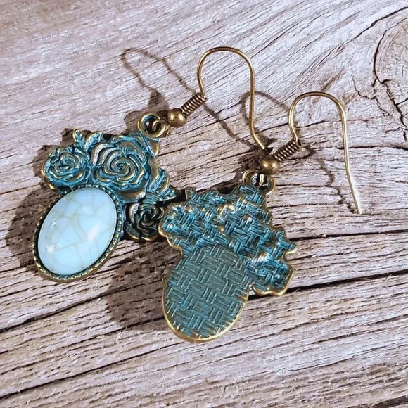 Bronze Rose Flowers Turquoise Blue Stone Dangle Earrings - Picture 7 of 8